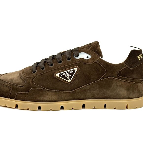 PRADA Mens Trail Triangle Logo Suede Lace Up Low Top Sneakers Shoes Moro - Picture 4 of 15